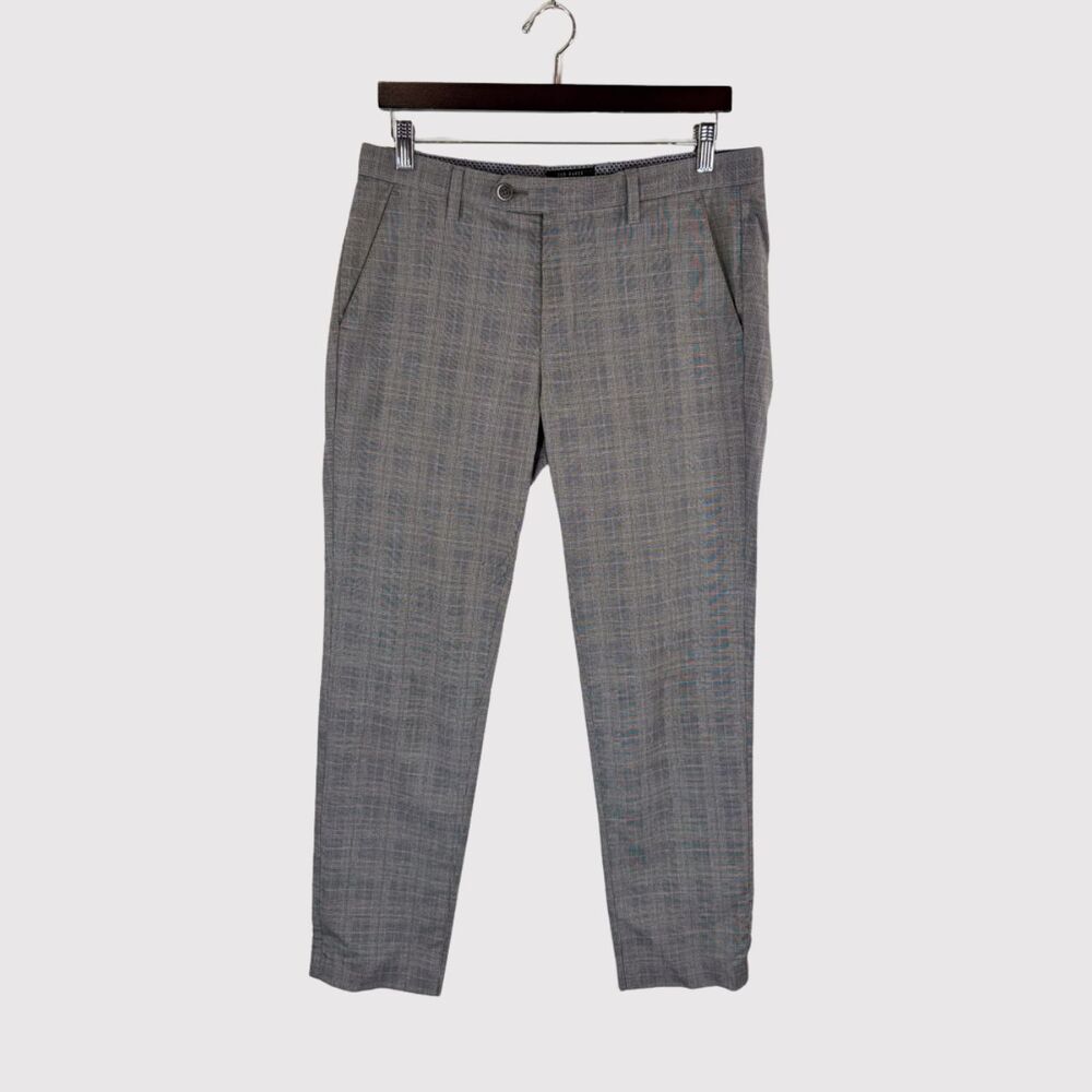 Ted Baker Mens Pants Gray Chino Straight Slim Fit Plaid Flat Front Stretch 32x28